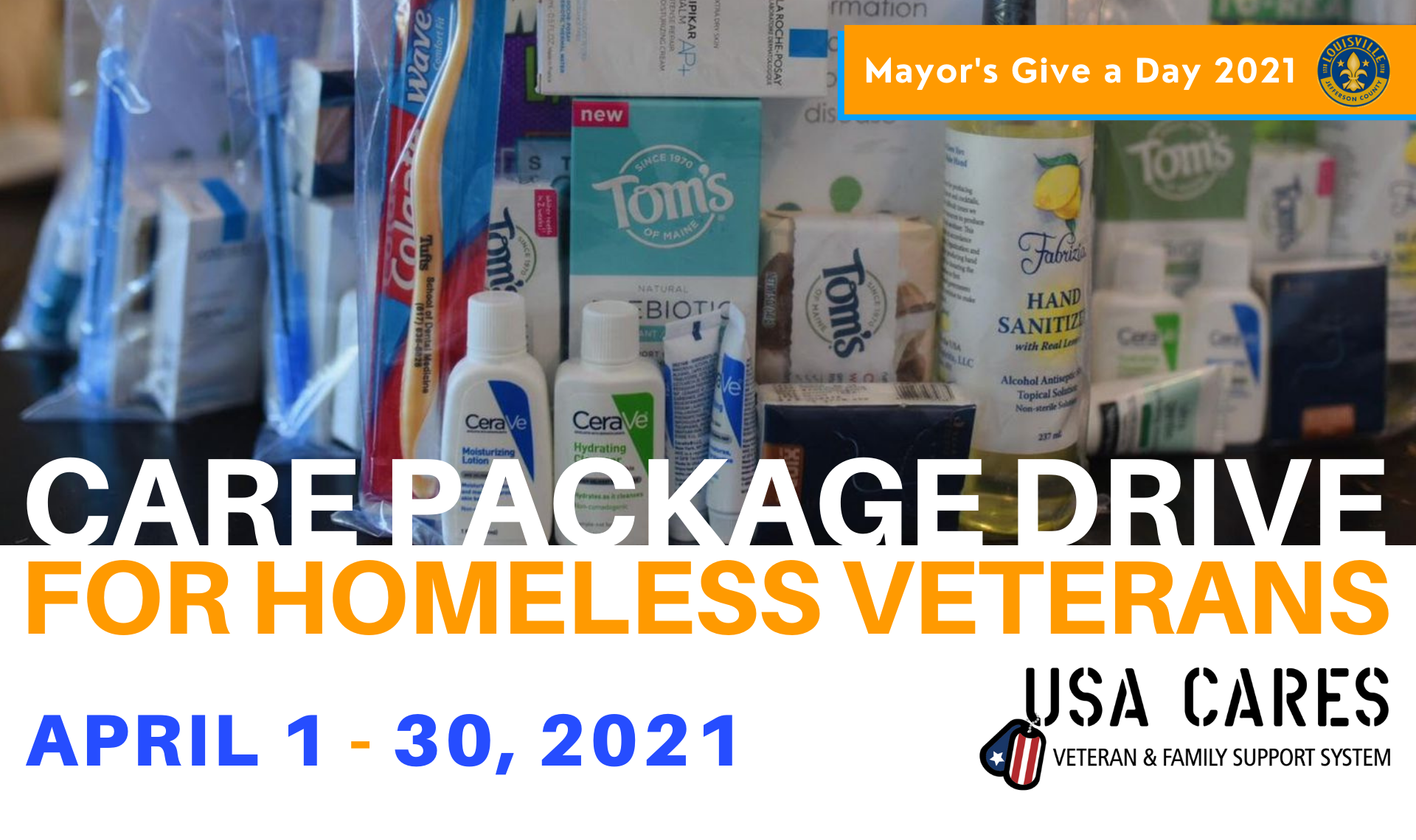 personal care items and travel size hygiene items in background, care package drive for homeless veterans, hosted by USA Cares